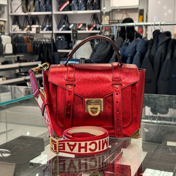 Michael Kors Manhattan Medium Top Handle Shoulder Crossbody Bag Patent Crimson - Picture 1 of 13